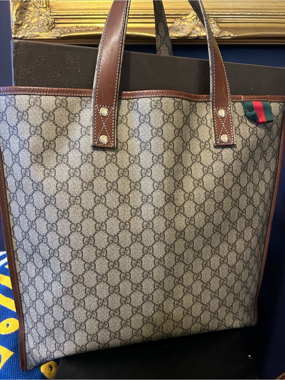 Gucci Beige GG Supreme Canvas Tote with Brown Leather Trim